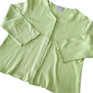 Pierre Cardin Rare Green Knit Cardigan Sweater Lettuce Trim Ruffles Cotton M